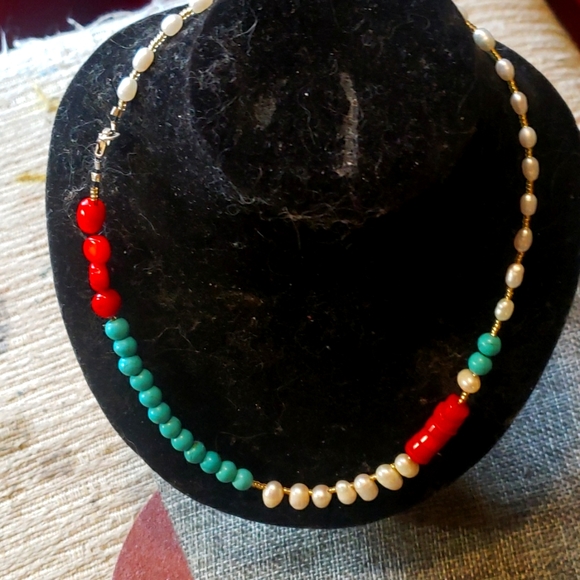 Cultered freshwater pearls,turquoise and coral choker handmade - Picture 1 of 6